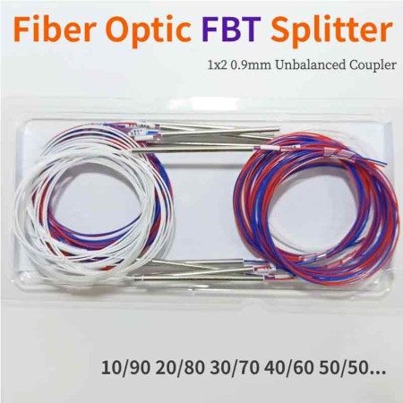 Divisor FBT de Fibra Óptica Tipo Acoplador Desbalanceado 10/90 20/80 30/70 40/60 2/98 - 1x2, 0,9 mm - Sin Conectores - 45-55