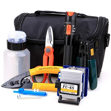 FTTH Fiber Optical Cable Cold Connection Tool Kit 16 in 1 with FC-6S Fiber Cleaver Aluminum10KM Visual Fault Locator Cable Tester Stripper Tool Kevlar Scissors Equipment