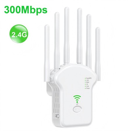 1200Mbps WiFi Repeater, 6-Antenna Wireless Router & Signal Booster - EU Plug/2.4G 300Mbps/White